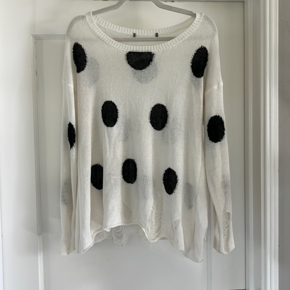 LF Distressed White Black Polka Dot Knit Long Sleeved Crewneck Sweater